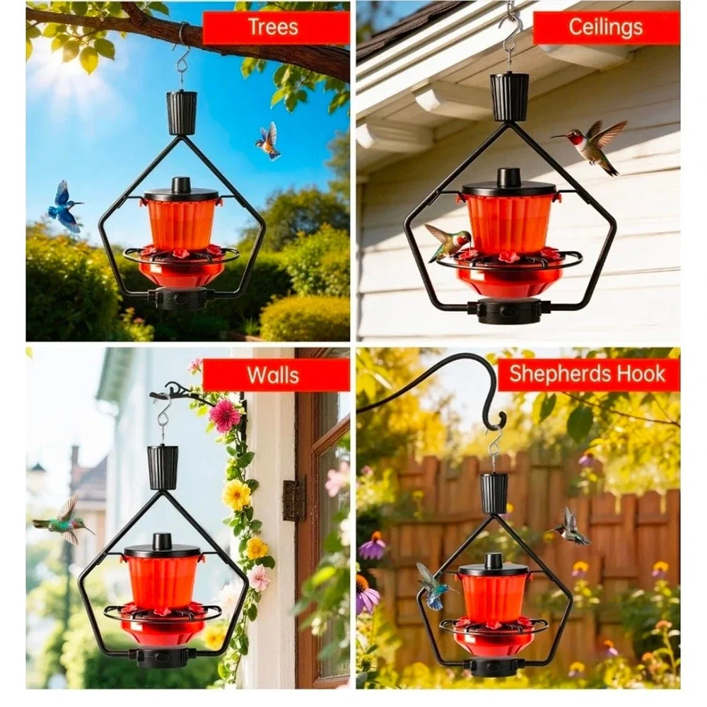 Retractable Hummingbird Feeder 18.5oz Top-Fill 6 Ports Black Red Outdoor Hanging